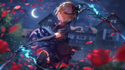 1girl black_gloves blonde_hair bow building crescent_moon dual_wielding elbow_gloves game_cg gloves hair_bow hair_over_one_eye heaven_burns_red holding holding_sword holding_weapon kayamori_ruka magic moon official_art petals red_eyes smile solo sword thighhighs tree weapon