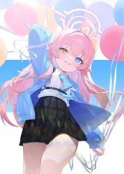 1girl absurdres ahoge amejaga arm_up balloon black_skirt blue_archive blue_background blue_cardigan blue_eyes blue_necktie blush cardigan chest_harness collared_shirt crossed_bangs dress_shirt feet_out_of_frame floating_hair from_below grin hair_between_eyes halo harness heart_balloon heterochromia highres hoshino_(blue_archive) huge_ahoge id_card lens_flare long_hair long_sleeves looking_at_viewer looking_down necktie open_cardigan open_clothes pink_hair pink_halo plaid_clothes plaid_skirt pleated_skirt school_uniform shirt skirt smile solo standing two-tone_background very_long_hair white_background white_shirt yellow_eyes