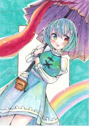 1girl :3 absurdres blue_background blue_eyes blue_hair blue_skirt blue_vest blush chakoshi_(chachachakoshi) closed_mouth cloud commentary_request crossed_bangs dutch_angle feet_out_of_frame frilled_skirt frilled_sleeves frills geta heterochromia highres holding holding_umbrella karakasa_obake light_smile long_sleeves looking_at_viewer marker_(medium) outline purple_umbrella rainbow red_eyes shirt short_hair skirt solo tatara_kogasa tongue tongue_out touhou traditional_media umbrella vest white_outline white_shirt