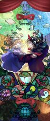 Rule 34 | 2girls, :d, absurdres, bird, black cape, black hat, blonde hair, book, bow, bowtie, brown eyes, brown hair, bug, butterfly, cape, cherry tree, closed eyes, curtains, dress, floating hair, hair floating upwards, hat, highres, holding, holding book, holding pen, index finger raised, insect, laurels, long hair, magatama, maribel hearn, mary janes, minus (sr mineka), moon, mount fuji, multiple girls, open book, open mouth, paper, pen, phoenix, purple dress, red bow, red bowtie, red ribbon, red shoes, ribbon, shirt, shoes, smile, stained glass, touhou, usami renko, white bow, white hat, white shirt
