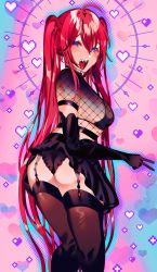 1girl @_@ absurdres artist_request ass belly belt bent_over boots bow bra breasts choker copyright_request cowboy_shot creator_erin fang fangs findom fishnet_top fishnets full_body garter_straps gloves heart highres hypnosis legs long_hair looking_at_viewer looking_back medium_breasts mind_control no_bra open_mouth panties pantyhose pantyshot peace_symbol petite ponytail purple_eyes red_hair salute skirt solo spiral standing thighhighs twintails underwear upskirt v very_long_hair