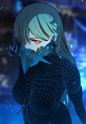 1girl blurry blurry_background braid breasts glitch green_hair hair_behind_ear hair_over_one_eye highres layer_(reishuu) light_particles long_hair looking_at_viewer mask medium_breasts mouth_mask multicolored_hair original red_eyes red_hair sideways_glance solo streaked_hair wireframe