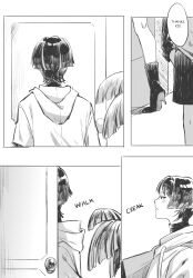 1boy 1girl absurdres alternate_costume alternate_universe amnesia blunt_ends blush closed_mouth contemporary door drawstring english_text genshin_impact heel_up high_heels highres hood hoodie leaf lowered_eyelids monochrome mother_and_son multicolored_hair opening_door raiden_shogun scaramouche_(genshin_impact) shirt short_sleeves sound_effects streaked_hair turtleneck turtleneck_shirt undershirt yaginori