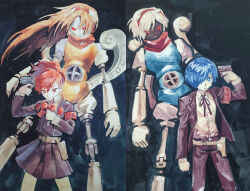 2boys 2girls black_jacket black_pants black_skirt blue_eyes blue_hair bright_pupils brown_eyes brown_hair closed_mouth collared_shirt cowboy_shot gun gun_to_head highres holding holding_gun holding_weapon jacket looking_at_viewer multiple_boys multiple_girls neck_ribbon orpheus_(female)_(persona) orpheus_(persona) pants persona persona_3 red_eyes red_ribbon ribbon shirt skirt weapon white_pupils white_shirt yomyompi