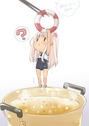 1girl ? absurdres blonde_hair blush chibi chopsticks crop_top flower food fyuo hair_flower hair_ornament highres kantai_collection long_hair looking_at_viewer one-piece_swimsuit one-piece_tan open_mouth ro-500_(kancolle) sailor_collar school_swimsuit school_uniform serafuku solo soup spoken_question_mark steam swimsuit swimsuit_under_clothes tan tanline torpedo water_drop wet