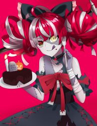 1girl absurdres bandaged_arm bandages birthday_cake black_choker black_dress cake choker colored_skin diamond-shaped_pupils diamond_(shape) dress food fork gradient_eyes green_eyes grey_skin heterochromia highres holding holding_fork holding_plate hololive hololive_indonesia kureiji_ollie kureiji_ollie_(1st_costume) looking_at_viewer multicolored_eyes multicolored_hair object_through_head patchwork_skin pink_hair plate red_background red_eyes red_hair sei_joshikou smile solo sword_in_head symbol-shaped_pupils tongue tongue_out two-tone_hair virtual_youtuber x-shaped_pupils yellow_eyes zombie
