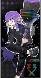 1boy androgynous black_pants black_shirt black_shoes blunt_bangs collared_shirt commentary_request dress_shirt earrings fang figure_four_sitting foot_out_of_frame grin hand_on_own_cheek hand_on_own_face head_rest highres holding holding_weapon inkling inkling_boy inkling_player_character invisible_chair jewelry long_hair long_pointy_ears long_sleeves male_focus nintendo notice_lines octobrush_(splatoon) outline pants pillarboxed pointy_ears purple_eyes purple_hair shirt shoes sitting smile solo splatoon_(series) splatoon_3 stud_earrings tentacle_hair togetoge weapon white_outline