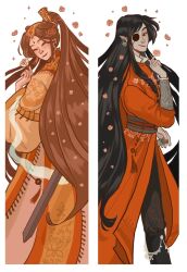 2boys ^_^ beads bishounen black_eyes black_hair border bracer braid brown_hair butterfly_necklace chinese_clothes closed_eyes earrings eyeliner eyepatch flower footwear_ornament hair_beads hair_flower hair_ornament hanfu high_ponytail highres holding holding_flower hua_cheng huadian jewelry long_hair long_sleeves makeup male_focus multiple_boys necklace official_alternate_hairstyle one_eye_covered ornate_clothes pink_flower pink_rose pointy_ears ponytail prince red_eyeliner red_hanfu red_robe ribbon robe rose side_braid silver_necklace smile tassel tianguan_cifu very_long_hair white_background white_border wide_sleeves xiao_guan_(headdress) xie_lian xie_lian_(flower_crowned_martial_god) yaoi yaroslava_murashko yellow_hanfu yuanlingpao