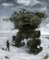1boy absurdres cannon dieselpunk dshk gun heavy_machine_gun highres looking_up machine_gun mecha mecha_focus michal_kus military_uniform mountain original red_star robot science_fiction soviet soviet_army star_(symbol) walker_(robot) weapon