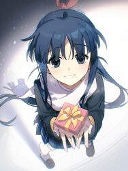 1girl absurdres black_hair black_jacket blue_eyes blue_skirt blunt_bangs highres houjou_high_school_uniform incoming_gift jacket kneehighs long_hair looking_at_viewer mikou_(mikou_minnow) pleated_skirt ponytail scarf school_uniform skirt socks sugiura_koharu white_album_(series) white_album_2 white_scarf white_socks