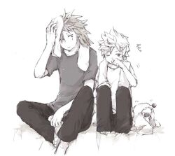 2boys alternate_costume arm_up axel_(kingdom_hearts) barefoot between_legs casual commentary_request expressionless facial_mark full_body greyscale hand_between_legs indoors kingdom_hearts knees_up long_hair looking_at_another male_focus monochrome moogle multiple_boys on_bed pants roxas rubbing_nose shirt short_hair sitting spiked_hair spread_legs t-shirt towel towel_around_neck towel_on_head translation_request white_background yubon