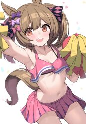 1girl alternate_costume animal_ears blush breasts brown_eyes brown_hair cheerleader commentary_request hair_between_eyes hair_ornament highres horse_ears horse_girl kibihimi looking_at_viewer medium_hair pom_pom_(cheerleading) ribbon school_uniform small_breasts smart_falcon_(umamusume) solo sweat teeth umamusume upper_teeth_only white_background