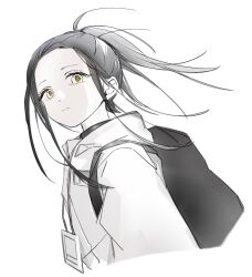 1girl backpack bag black_bag black_hair child closed_mouth coat highres hood hood_down kamisaki_hikaru kumone_09 long_hair looking_at_viewer medalist_(manga) name_tag ponytail simple_background solo upper_body white_background white_coat yellow_eyes