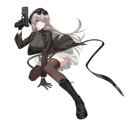 1girl ;) alpha_transparency arm_support belt beret black_belt black_boots black_gloves black_hat black_jacket black_shirt blinking blue_eyes boots breasts chain commentary counter:side eyewear_on_head finger_on_trigger full_body gloves grey_hair gun handgun hat high_heel_boots high_heels highres holding holding_gun holding_weapon integral_suppressor integrally-suppressed_firearm jacket jewelry lace-up_boots lapels light_smile long_hair long_sleeves looking_at_viewer maxim_9 necklace official_art one_eye_closed open_clothes open_jacket pistol pleated_skirt round_eyewear seo_yoon shirt simple_background skirt smile solo sunglasses suppressor tachi-e thighhighs transparent_background weapon