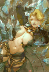 1girl black_gloves black_shorts blonde_hair blue_eyes breasts commentary cutesexyrobutts emma_frost gloves highres large_breasts lips long_hair long_sleeves looking_at_viewer marvel marvel_rivals navel patreon_logo patreon_username shorts solo