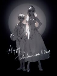 1boy 1girl absurdres ankle_socks backlighting bare_shoulders black_background blazer blunt_bangs bouquet breast_pocket buttons chinese_commentary circle closed_mouth collarbone collared_jacket commentary_request dress dress_shoes elbow_gloves english_text flower flower_brooch full_body gloves greyscale hair_between_eyes hand_on_own_hip happy happy_valentine height_difference high-waist_pants high_heels highres holding holding_bouquet jacket lapels leg_belt loen_(shining_nikki) long_dress long_hair messy_hair monochrome nikki_(nikki) nikki_(series) notched_lapels open_clothes open_jacket pants pleated_dress pocket polka_dot_necktie ponytail shining_nikki short_hair smile socks standing stars_zhangzhang strapless strapless_dress veil very_long_hair