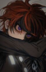 1boy ahoge black_hair blue_eyes close-up crying grey_background highres male_focus messy_hair mulitcolored_hair multicolored_eyes red_eyes red_hair simple_background solo solo_focus sumino_takumi tears the_hundred_line_-last_defense_academy-