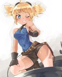 10s 1girl ;) bare_shoulders belt black_gloves blonde_hair blue_eyes blush covered_navel female_focus fingerless_gloves gloves goggles goggles_on_head gradient_background granblue_fantasy grin looking_at_viewer naka_akira one_eye_closed pengie short_hair short_shorts short_twintails shorts smile solo tan tanline twintails