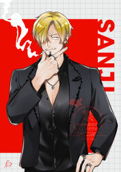 1boy artist_name black_00g black_suit cigarette commentary_request curly_eyebrows facial_hair formal_clothes hair_over_one_eye highres male_focus mustache_stubble one_piece sanji_(one_piece) signature smoking solo stubble suit twitter_username watermark