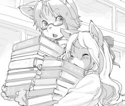 1boy 1girl body_fur book book_stack cat_boy cat_girl claws furry furry_female furry_male glasses greyscale hair_ribbon holding holding_book indoors kikurage_(crayon_arts) long_hair long_sleeves monochrome original puffy_long_sleeves puffy_sleeves ribbon school_uniform short_hair tail upper_body