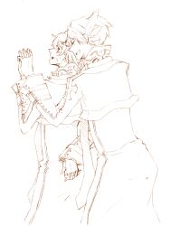 2boys arch_bishop_(ragnarok_online) brown_theme coat commentary_request cowboy_shot cropped_jacket fingerless_gloves from_behind gloves holding_hands looking_at_another male_focus monochrome multiple_boys open_mouth ragnarok_online sansaro short_hair simple_background yaoi
