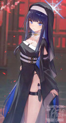 1girl ainy black_hair black_veil blue_archive blue_eyes blue_hair breasts cleavage coif colored_inner_hair combat_knife covered_navel dress halo highres knife knife_sheath long_hair medium_breasts multicolored_hair nun saori_(blue_archive) sheath side_slit solo thigh_sheath thigh_strap veil weapon