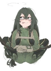 Rule 34 | 1girl, ass, asui tsuyu, black eyes, black hair, bodysuit, boku no hero academia, breasts, closed mouth, frog girl, gloves, green bodysuit, green hair, hair between eyes, highres, le (szs0k), long hair, looking to the side, simple background, smile, solo, tongue, tongue out, white background