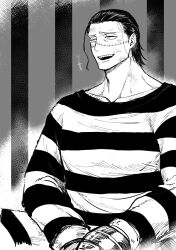 1boy absurdres bags_under_eyes collarbone commentary_request crocodile_(one_piece) dirty dirty_face greyscale hair_slicked_back highres itokon300 male_focus monochrome one_piece prison_clothes short_hair sideburns sitting solo stitched_face stitches teeth