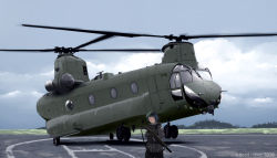 1girl aircraft artist_name assault_rifle beret boeing boeing_defense,_space_&amp;_security camouflage ch-47_chinook cloud cloudy_sky commentary_request dated dead-robot gun hat helicopter helipad holding holding_gun holding_weapon landing long_sleeves military military_uniform military_vehicle original outdoors rifle sky solo vehicle_focus watermark weapon