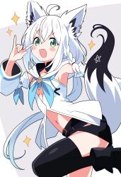 1girl :d \m/ absurdres ahoge animal_ears aqua_neckerchief black_shorts black_thighhighs blush_stickers braid breasts cleavage_cutout clothing_cutout cowboy_shot detached_sleeves dot_nose fang fox fox_ears fox_girl fox_tail green_eyes grey_background hair_between_eyes highres hololive hutaba_haru long_hair long_sleeves looking_at_viewer low_ponytail midriff neckerchief open_mouth ponytail shirakami_fubuki shirakami_fubuki_(1st_costume) shirt short_shorts shorts single_thighhigh small_breasts smile solo sparkle standing standing_on_one_leg star_(symbol) tail thighhighs v-shaped_eyebrows very_long_hair virtual_youtuber white_hair white_shirt