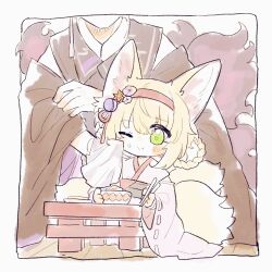 Rule 34 | 1boy, 1girl, animal ears, arknights, blonde hair, braid, braided hair rings, chopsticks, closed mouth, father and daughter, fox boy, fox ears, fox girl, fox tail, green eyes, hair rings, hairband, highres, holding, holding chopsticks, japanese clothes, kimono, kitsune, kyuubi, multiple tails, one eye closed, pink kimono, red hairband, sakurayui, suzuran&#039;s father (arknights), suzuran (arknights), suzuran (yukibare) (arknights), tail, twin braids, wiping face