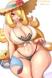 anisdrawn bare_shoulders bikini black_bikini blonde_hair blush breasts cleavage cowboy_shot cynthia_(pokemon) grey_eyes hair_over_one_eye hat large_breasts lips long_hair looking_at_viewer navel official_alternate_costume pokemon pokemon_dppt pokemon_masters_ex sarong shiny_skin simple_background sitting smile straw_hat sun_hat swimsuit unworn_sarong white_background wide_hips