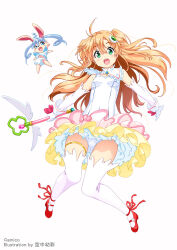 1girl amiami_(company) amico animal_ears blue_hair breasts covered_navel detached_collar detached_sleeves dress frilled_dress frills gem gloves green_eyes hair_ornament head_tilt highres holding holding_wand kuuchuu_yousai long_hair looking_at_viewer magical_girl official_art open_mouth orange_hair panties pink_gemstone rabbit_ears red_footwear red_ribbon ribbon simple_background sleeveless sleeveless_dress small_breasts thighhighs underwear very_long_hair wand white_background white_gloves white_panties white_thighhighs