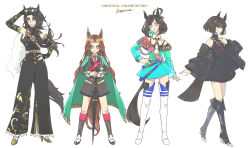 4girls absurdres bare_shoulders belt black_boots black_caviar_(racehorse) black_dress black_hair black_jacket black_pants black_shirt black_umbrella boots brown_hair cape collared_shirt commission detached_collar detached_sleeves dress ear_ornament eyewear_on_head frankel_(racehorse) full_body genderswap genderswap_(mtf) green_cape green_dress green_eyes grey_boots grey_jacket grey_skirt hair_ornament highres jacket kopperion long_hair looking_at_viewer multicolored_hair multiple_girls necktie off-shoulder_dress off_shoulder original pants personification pink_belt pink_necktie shirt short_hair signature simple_background skeb_commission skirt sleeveless sleeveless_dress streaked_hair sunglasses swept_bangs tachi-e thigh_boots umamusume umbrella very_long_hair white_background white_boots white_hair white_necktie white_shirt yeats_(racehorse) yellow_eyes zenyatta_(racehorse)