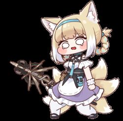 1girl animal_ears animated animated_gif arknights artist_request blank_eyes blue_hairband blush braid braided_hair_rings diyap_(style) dress fox_ears fox_girl fox_tail hair_rings hairband holding holding_staff infection_monitor_(arknights) kitsune kyuubi multiple_tails open_mouth pantyhose purple_dress simple_background solo staff suzuran_(arknights) tail transparent_background twin_braids variant_set white_pantyhose