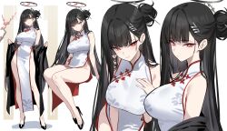 1girl alternate_costume bare_arms bare_shoulders black_hair black_shoes blue_archive blush breasts bright_pupils china_dress chinese_clothes closed_mouth dress full_body hair_bun hair_ornament hairclip halo hand_on_own_chest high_heels highres large_breasts long_hair red_eyes rio_(blue_archive) shigure_s shoes simple_background single_hair_bun smile solo standing thighs white_background white_dress white_pupils