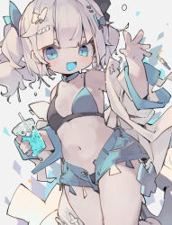 1girl absurdres bikini blue_eyes blue_tongue breasts colored_tongue cup highres holding looking_at_viewer navel nep_(nep_76) open_mouth original shorts small_breasts solo swimsuit twintails