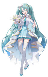 1girl absurdres aqua_bow aqua_hair aqua_nails aqua_necktie aqua_skirt asymmetrical_dress bare_shoulders blue_dress blue_eyes blue_shoes bouquet bow clothing_cutout collared_shirt commentary daisy_(flower) dot_nose dress emduck eyelashes flower frilled_skirt frills full_body hair_between_eyes hair_bow hair_ornament hatsune_miku highres hiramado_miku holding holding_bouquet kowareta_sekai_to_utaenai_miku light_blush long_dress long_hair long_sleeves miniskirt multicolored_shoes nail_polish necktie offering_hand open_clothes open_dress open_mouth outstretched_hand palms pleated_skirt project_sekai shirt shirt_under_dress shoes shoulder_cutout simple_background skirt skirt_under_dress smile solo standing tachi-e thighhighs twintails two-sided_dress two-sided_fabric two-tone_shoes very_long_hair vocaloid white_background white_bow white_dress white_flower white_shirt white_shoes white_thighhighs x_hair_ornament