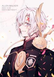 1boy 1other allen_walker badge black_coat black_order_uniform blue_eyes coat confetti creature creature_on_shoulder cross d.gray-man facial_mark golem_(d.gray-man) gradient_background hair_between_eyes happy_birthday highres light_smile looking_at_viewer male_focus military military_uniform multicolored_eyes on_shoulder open_mouth pink_background profile purple_eyes red_stripes scar scar_on_face sharp_teeth short_hair sidelocks sodamachi star_(symbol) star_facial_mark striped_coat tail teeth timcanpy two-tone_eyes white_background white_hair wings