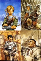 6+boys absurdres armor barrel berserk black_hair blonde_hair boots bow_(weapon) breastplate collage corkus_(berserk) crossbow crossed_arms closed_eyes faulds fingerless_gloves forest freckles gauntlets gloves grin unworn_headwear helmet unworn_helmet highres judeau_(berserk) knife looking_at_viewer mace male_focus miura_kentarou mountain multiple_boys nature on_one_knee over_shoulder pauldrons pippin_(berserk) ponytail rickert_(berserk) scan shoulder_armor sitting smile spiked_mace spikes sword tent throwing_knife weapon weapon_over_shoulder