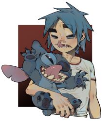2boys alien banhaibao2 blue_fur blue_hair carrying chinese_commentary claws commentary_request crew_neck cropped_torso crossover disney gorillaz highres lilo_&amp;_stitch look-alike male_focus multiple_boys nose_picking parted_bangs shirt short_sleeves stitch_(lilo_&amp;_stitch) stuart_pot t-shirt teeth tongue tongue_out white_shirt