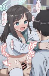 1boy 1girl airi_(blue_archive) bar_censor black_hair blue_archive blue_eyes blurry blurry_background blush censored collarbone halo highres navel open_mouth school_uniform sex straddling sweat translation_request unadon_(unadoom) upright_straddle