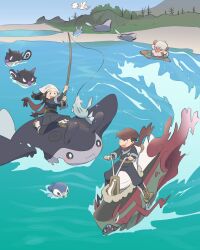 Rule 34 | 1boy, 1girl, absurdres, akari (pokemon), basculegion, basculegion (male), black eyes, black hair, creatures (company), fishing, fishing rod, galaxy expedition team survey corps uniform, game freak, gen 2 pokemon, gen 4 pokemon, hat, headscarf, highres, hill, hisuian growlithe, hisuian qwilfish, holding, holding fishing rod, kinni, mantine, mantyke, mountain, nintendo, on one knee, open mouth, piplup, pokemon, pokemon (creature), pokemon legends: arceus, red hat, red scarf, rei (pokemon), remoraid, riding, riding pokemon, scarf, smile, surfboard, togetic, tree, white headscarf