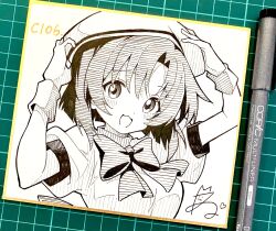 Rule 34 | 1girl, :3, :d, art tools in frame, blush, bow, bowtie, commentary request, dot nose, dress, greyscale, hands on headwear, hat, highres, higurashi no naku koro ni, looking at viewer, monochrome, niyane, open mouth, parted bangs, ryuuguu rena, short hair, short sleeves, signature, simple background, smile, solo, traditional media
