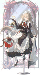 1girl absurdres alexandrina_sebastiane alin_leng_bu_sheng anastella_(zenless_zone_zero) apron bangboo_(zenless_zone_zero) black_dress black_shoes bow bowtie breasts chest_harness dress drusilla_(zenless_zone_zero) full_body grey_hair harness high_heels highres holding holding_plate large_breasts long_hair long_sleeves looking_at_viewer maid_headdress plate red_eyes shoes smile very_long_hair white_apron white_bow white_bowtie zenless_zone_zero