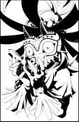 1boy border cupping_hands fairy greyscale hat male_focus mask monochrome nintendo obj_shep own_hands_together skull_kid solo the_legend_of_zelda the_legend_of_zelda:_majora&#039;s_mask