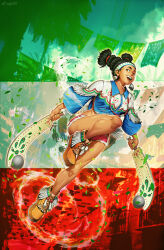 1girl black_hair brown_eyes club_(weapon) dark-skinned_female dark_skin genzoman headband highres holding holding_club holding_weapon lily_hawk looking_at_viewer mexican_flag moccasins official_art open_mouth pink_shorts pogamoggan poncho short_shorts shorts smile solo street_fighter street_fighter_6 teeth toned toned_female twintails upper_teeth_only weapon
