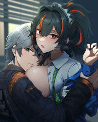 1boy 1girl absurdres bad_id bad_twitter_id black_hair black_jacket blue_jacket blush breasts checkered_necktie closed_mouth green_eyes grey_hair hairband highres holding_another&#039;s_wrist indoors jacket joji_nyudo large_breasts looking_at_viewer metal_hairband multicolored_hair necktie open_clothes open_mouth open_shirt ponytail red_hair shirt short_hair streaked_hair upper_body wet wet_clothes wet_shirt wise_(zenless_zone_zero) zenless_zone_zero zhu_yuan