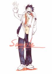 1boy absurdres alternate_costume backpack bag black_pants commentary facial_scar full_body fur-trimmed_sleeves fur_trim hand_in_pocket hand_up hat highres jacket long_sleeves looking_at_viewer male_focus monkey_d._luffy notice_lines one_piece open_clothes open_jacket open_mouth pants qing_han_geng_(sunwind9426) scar scar_on_cheek scar_on_face scarf shirt short_hair solo standing straight-on straw_hat unworn_hat unworn_headwear waving