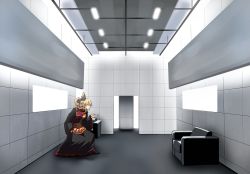 1girl armchair black_dress blonde_hair chair chinese_clothes dress highres jamiroquai junko_(touhou) kikoka_(mizuumi) long_dress long_hair parody phoenix_crown ponytail red_tabard tabard touhou wide_sleeves